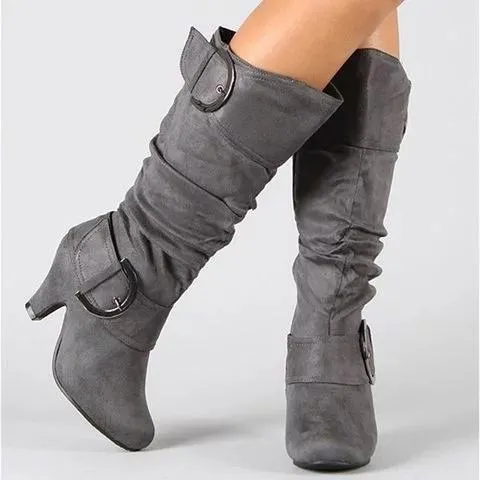 Women Long Boots Ladies Chunky Heel Suede Knee High Boots