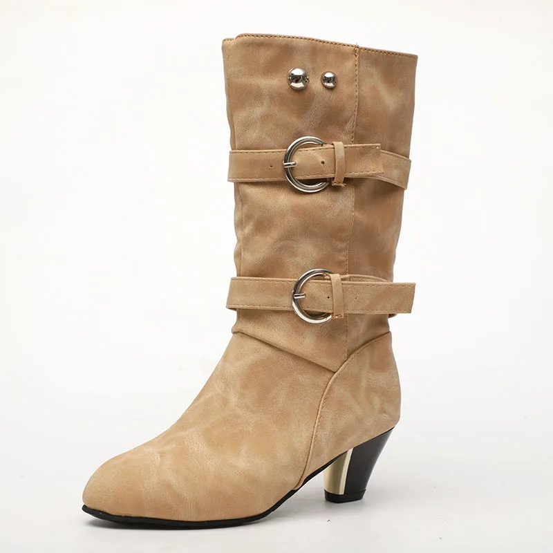 Women'd medium high mid-calf buckle strap boots fashion daily boots