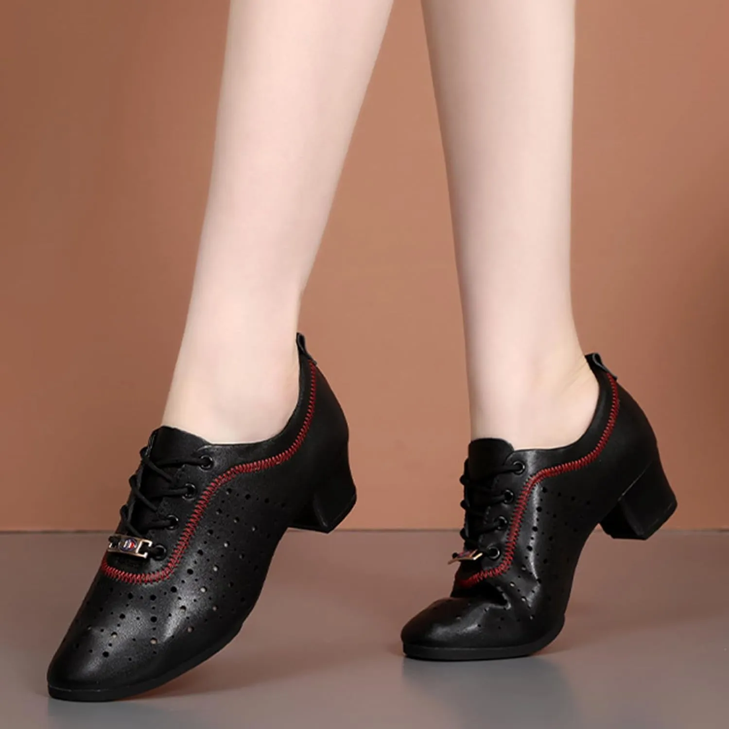 Womens Latin Ballroom Dance Shoes Non-Slip 3.5cm Heel Lace up Modern Dance Sneaker with Split Sole